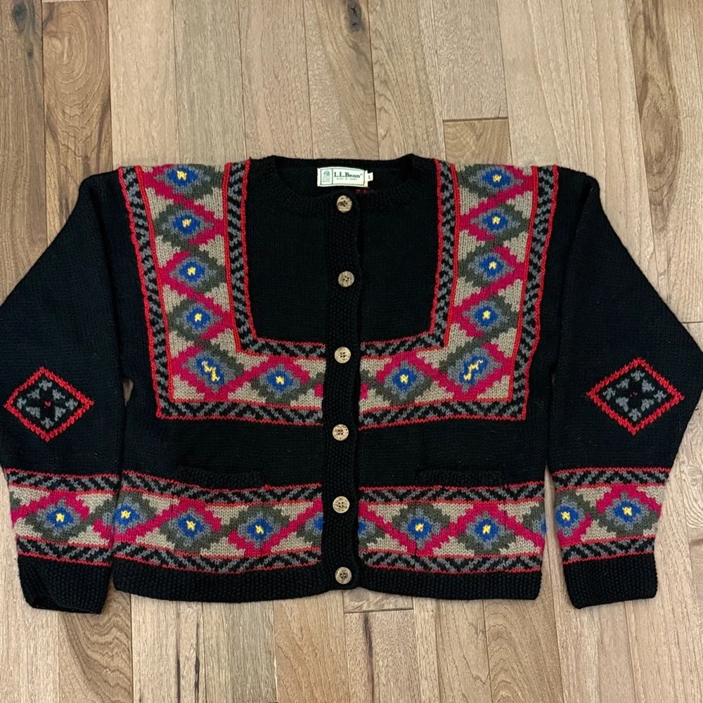 Vintage L.L. Bean 100% wool Scandinavian geometric fair isle cardigan sweater L - Picture 1 of 8